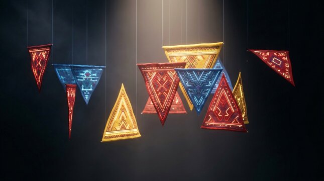 Banderines triangulares bordados con patrones &eacute;tnicos tradicionales iluminados, celebraci&oacute;n del Mes de la Herencia Hispana y arte textil latinoamericano.