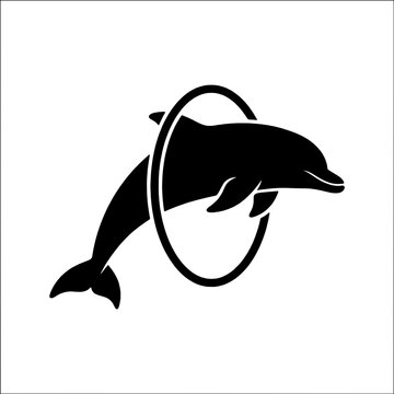 Joyful dolphin jumping through hoop silhouette icon graphic for design