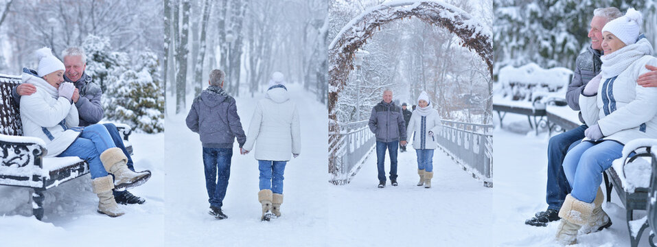 Family and friends walking through snowy winter park with arch