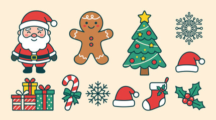 Fototapeta premium Cute Hand Drawn Christmas Elements Collection Featuring Santa Claus Gingerbread Man Tree And Festive Holiday Decorations