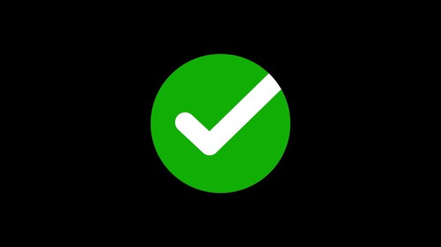 Green check mark circle animation, success completed approval icon on black background, loop