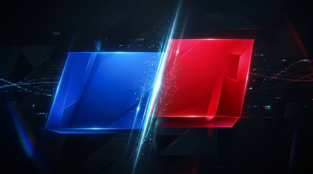Fondo abstracto futurista con paneles geom&eacute;tricos rojo y azul en duelo de luz, ideal para debates, deportes electr&oacute;nicos y eventos.