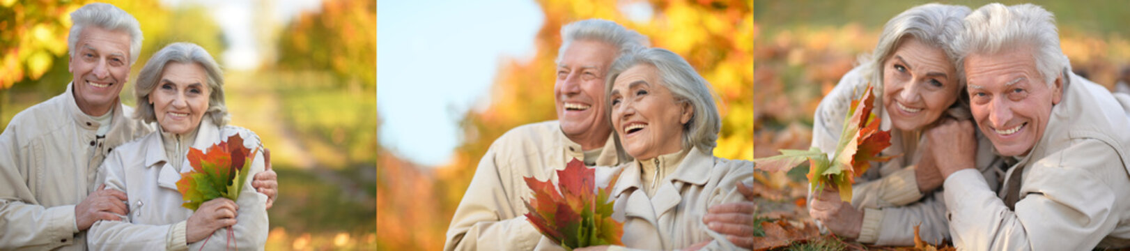 Happy senior couple holding autumn leaves outdoors