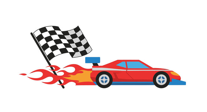 Racing car with checkered flag and flames. Red sports race car vector illustration. Motorsport emblem design element.