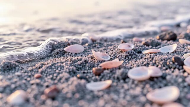 Beach Pebbles and Shells in Gentle Surf.
