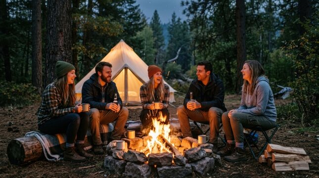 Friends chatting around a campfire outside a glowing tent in a forest at dusk, relaxing with mugs and drinks after hiking, creating a warm outdoor camping scene for adventure and leisure