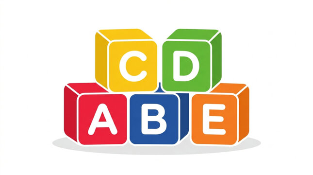 Colorful alphabet blocks stacked in a pyramid shape spelling out ABCDE for early childhood education and learning