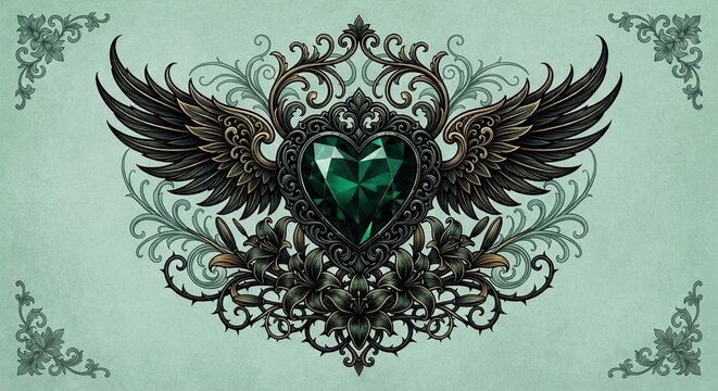 Winged emerald heart with ornate black scrollwork