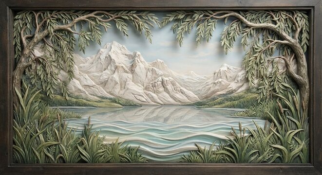 Framed mountain lake landscape with leafy border