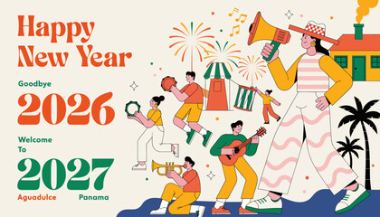 Fototapeta premium happy new year celebration with colorful characters and fireworks