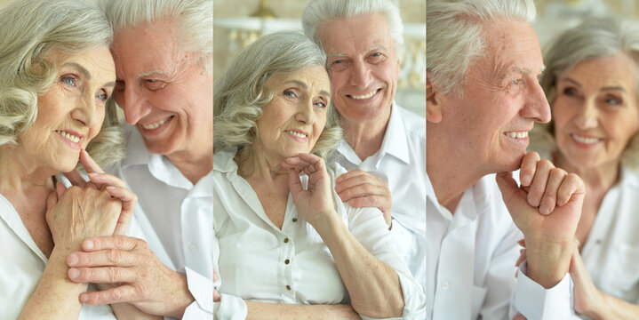 Happy senior couple and friends smiling together indoors
