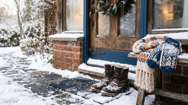 Snow covered boots beside a rustic wooden front door with a holiday wreath, knitted scarf and mittens on a bench, creating a cozy winter home entrance on a cold day for seasonal decor themes