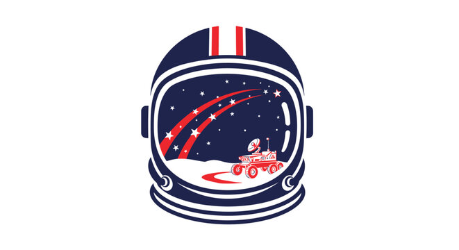 Retro astronaut helmet vector logo. Vintage space exploration concept with mars rover and stars. Red and blue badge design for outer space design or mission patch.