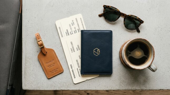 Travel essentials laid out on a concrete table with boarding passes, leather luggage tag, passport cover, sunglasses and a cup of coffee, creating a calm airport trip planning flat lay
