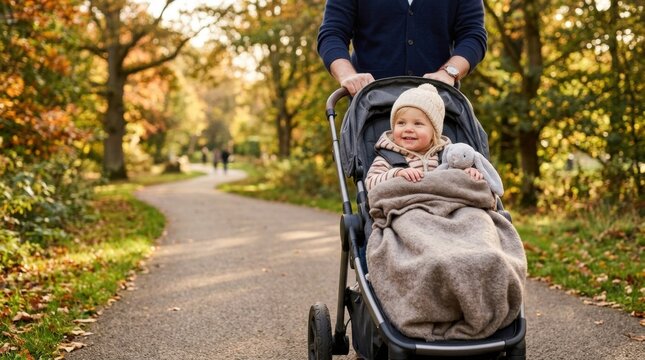 Happy toddler bundled in a stroller with a blanket and toy on a tree lined park path in autumn, while an adult pushes from behind in warm afternoon light, family outdoor walking scene