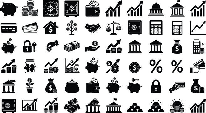 Banking and finance flat vector icon mega set featuring piggy banks money safes wallets growth charts credit cards coins and government banks