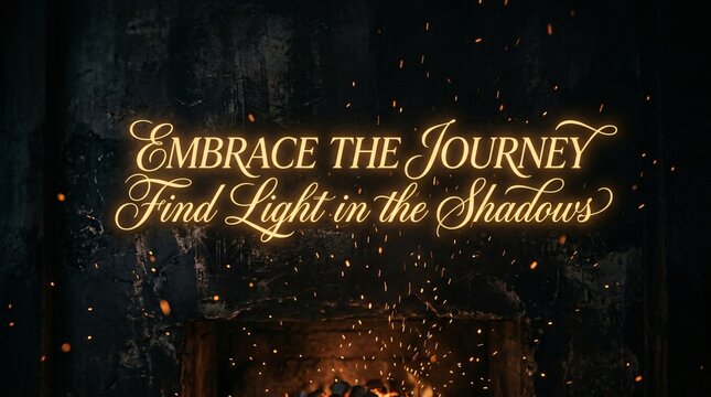 Texto motivacional brillante Embrace the Journey sobre fondo oscuro con chispas de fuego, chimenea r&uacute;stica y concepto de resiliencia.