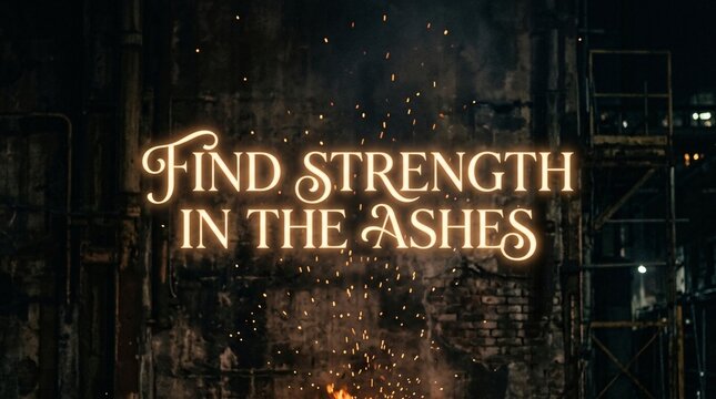 Texto brillante 'Find Strength in the Ashes' con chispas de fuego sobre fondo industrial oscuro, concepto de resiliencia y superaci&oacute;n.
