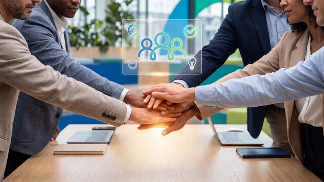 Business teamwork and team unity concept. Diverse team joining hands together in office with people, idea and success icons for collaboration, partnership, diversity and support