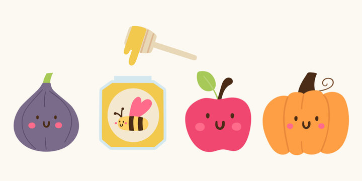Minimalist cute autumn sweet harvest characters big bundle flat vector illustration funny happy honey jar fig apple pumpkin mascot collection isolated