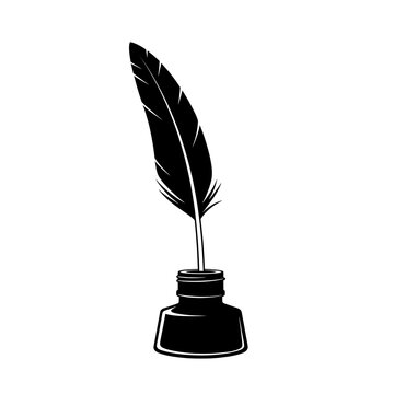 Black feather quill pen in an inkwell