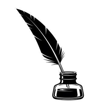 Black feather quill pen in ink bottle