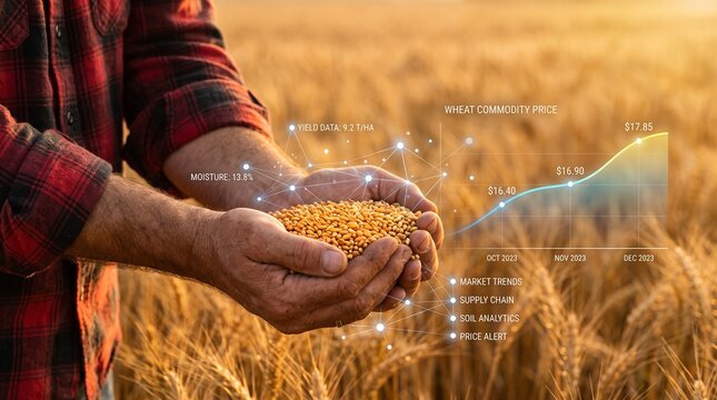 A close-up of a farmer holding wheat grains overlaid with digital smart-farming analytics and price trends.