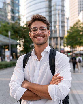Young man smiles confidently on city street. He wears glasses and a white shirt. Backpack rests on his shoulders. Urban buildings frame the background. He stands with arms crossed