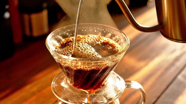Hot water pouring from a gooseneck kettle into a glass pour over coffee dripper brewing fresh aromatic morning coffee