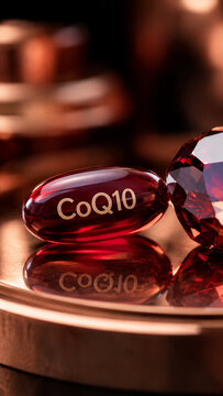 A CoQ10 supplement capsule sits next to a red gemstone on a smooth, reflective surface. The setting gives a hint of luxury and well-being. This scene illustrates health and beauty