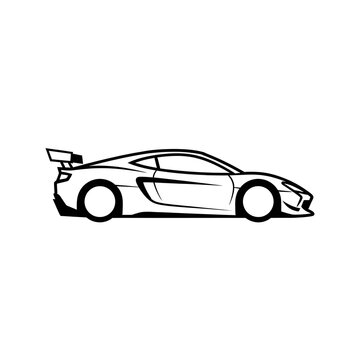 Side view line drawing of a modern sports car with rear wing