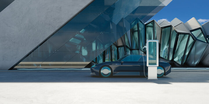 3d rendering electric vehicle charging at futuristic sustainable station