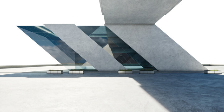 3d rendering modern building design with geometric concrete and glass facade