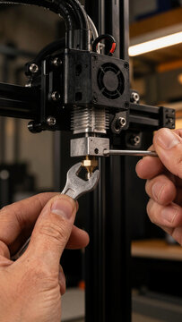 A person is using a wrench and a small tool to adjust a component of a 3D printer. The setting is a workshop with various equipment in the background