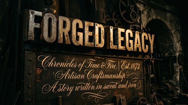 Letrero vintage de forja con texto Forged Legacy, artesan&iacute;a industrial en hierro y madera, concepto de legado hist&oacute;rico y tradici&oacute;n metal&uacute;rgica.
