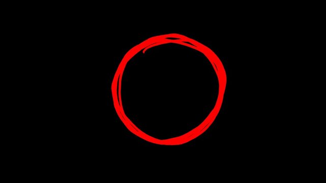 Hand-drawn red circle outline animation, sketchy marker highlight frame on black background, loop