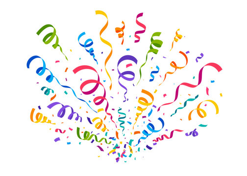 Cartoon carnival party confetti for birthday and anniversary event surprise with ribbons. Carnival confetti splash burst of colorful paper streamers and festive bright ribbons for party or fiesta