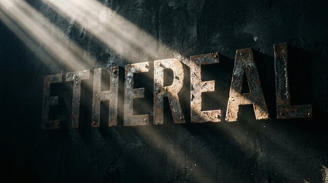Palabra 'ETHEREAL' en letras met&aacute;licas oxidadas sobre pared oscura con rayos de luz dram&aacute;ticos y atm&oacute;sfera m&iacute;stica.