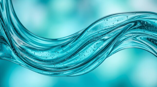 An abstract close-up of a smooth, flowing light blue gel wave with tiny air bubbles set against a soft turquoise background, evoking liquid hydration and skincare.