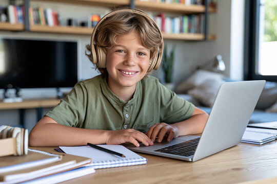 Child smiles while using laptop at home. Headphones rest on their ears. Books and notebooks sit nearby. Desk holds laptop and writing tools. Natural light fills the room