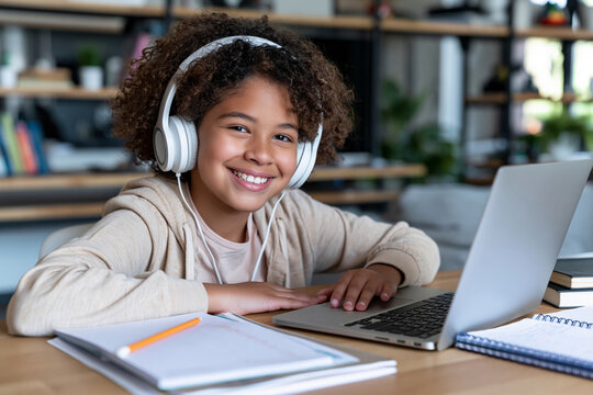 Child smiles happily while wearing headphones. Laptop sits open on a wooden desk. Notebooks and pencil lie nearby. Soft indoor lighting illuminates the scene