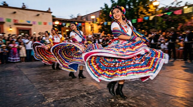 Bailarinas mexicanas en trajes tradicionales realizan danza folcl&oacute;rica en plaza p&uacute;blica durante celebraci&oacute;n cultural y Mes de la Herencia Hispana.