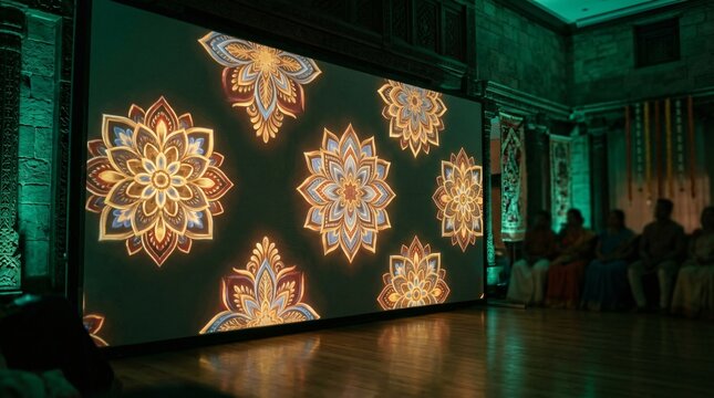 Pantalla gigante con patrones ornamentales dorados en evento cultural, espect&aacute;culo visual en escenario con iluminaci&oacute;n ambiental y p&uacute;blico.