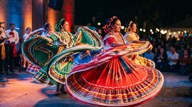 Bailarinas de ballet folkl&oacute;rico mexicano en danza tradicional con vestidos t&iacute;picos coloridos durante celebraci&oacute;n cultural del Mes de la Herencia Hispana.