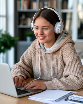 Young woman smiles while using laptop. Wearing headphones and glasses, she concentrates. Soft lighting fills the cozy home office. She types with focus, surrounded by notebooks