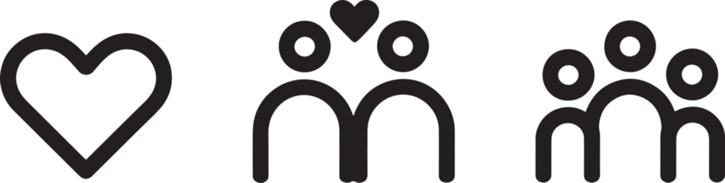 Minimalist line art icons representing love couple and group of people isolated on a white background