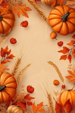 Autumn harvest pumpkins, wheat, and fall leaves border, vertical, copy space