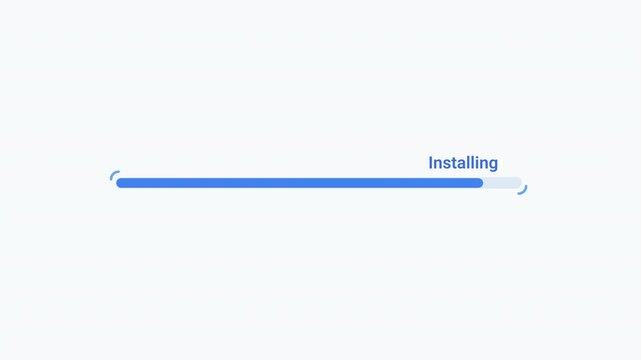 Minimal blue progress bar animation with an installing status indicator on a clean light background, representing software installation, processing, system activity, and digital workflow.