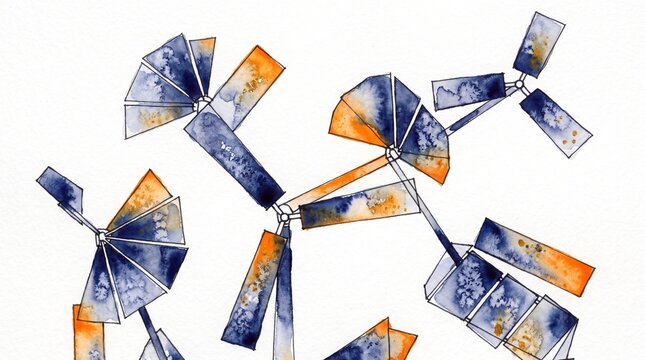 Abstract watercolor illustration of multiple blue and orange windmill turbines, artistic hand-painted texture on white background, renewable energy concept, environmental design element