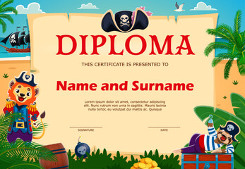 Naklejka premium Kids diploma certificate with cartoon animal pirates at treasure island frame background. Cute lion and sloth pirate characters with corsair sail ship, treasure chest and kids diploma old paper scroll